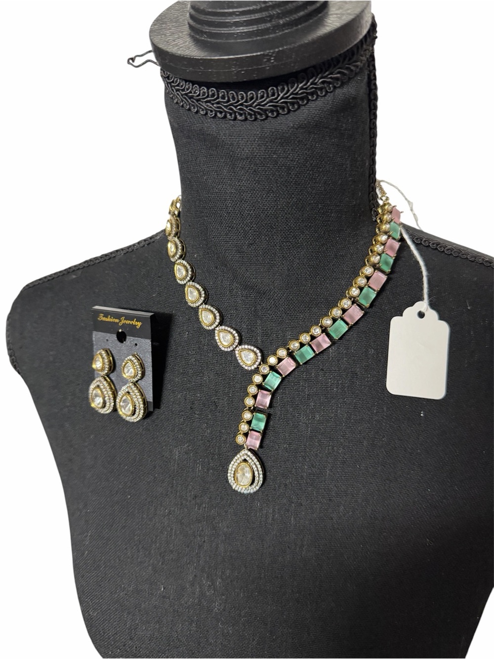 Gold-Tone Teardrop Necklace & Earring Set with Pink and Green Accents